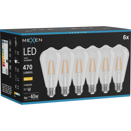Mexen Vintis 6x LED gijų lemputė E27, ST64, 4W, Šilta - 2700K, 470 lm, skaidri - L152-E27-0427-00x06