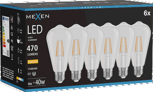 Mexen Vintis 6x LED gijų lemputė E27, ST64, 4W, Šilta - 2700K, 470 lm, skaidri - L152-E27-0427-00x06