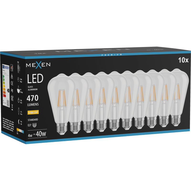 Mexen Vintis 10x Lemputė LED gija E27, ST64, 4W, Šilta - 2700K, 470 lm, skaidri - L152-E27-0427-00x10