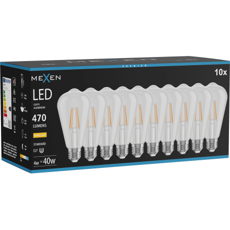 Mexen Vintis 10x Lemputė LED gija E27, ST64, 4W, Šilta - 2700K, 470 lm, skaidri - L152-E27-0427-00x10