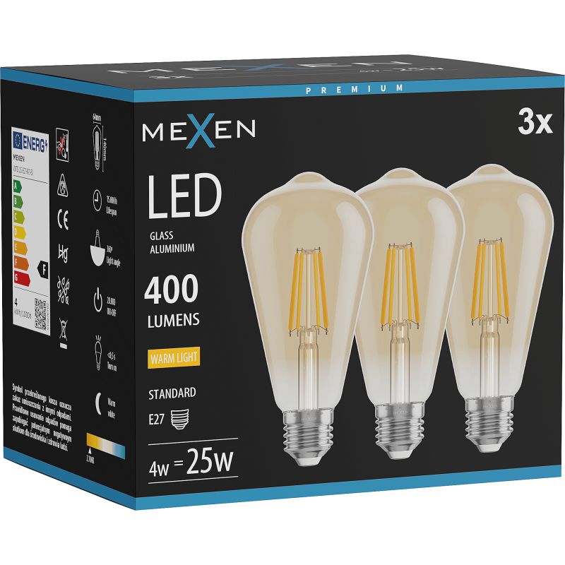 Mexen Vintis 3x Filamentinė LED lemputė E27, ST64, 4W, Šilta - 2700K, 400 lm, gintaro - L152-E27-0427-50x03