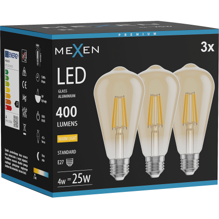 Mexen Vintis 3x Filamentinė LED lemputė E27, ST64, 4W, Šilta - 2700K, 400 lm, gintaro - L152-E27-0427-50x03