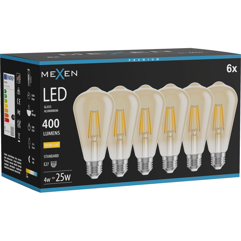 Mexen Vintis 6x LED siūlelių lemputė E27, ST64, 4W, Šilta - 2700K, 400 lm, gintarinė - L152-E27-0427-50x06