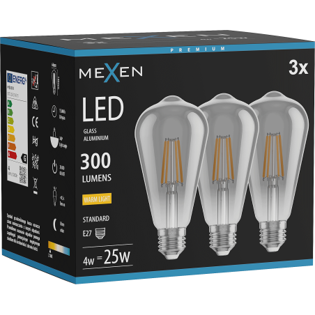 Mexen Vintis 3x LED gijų lemputė E27, ST64, 4W, Šilta - 2700K, 300 lm, pilka - L152-E27-0427-70x03