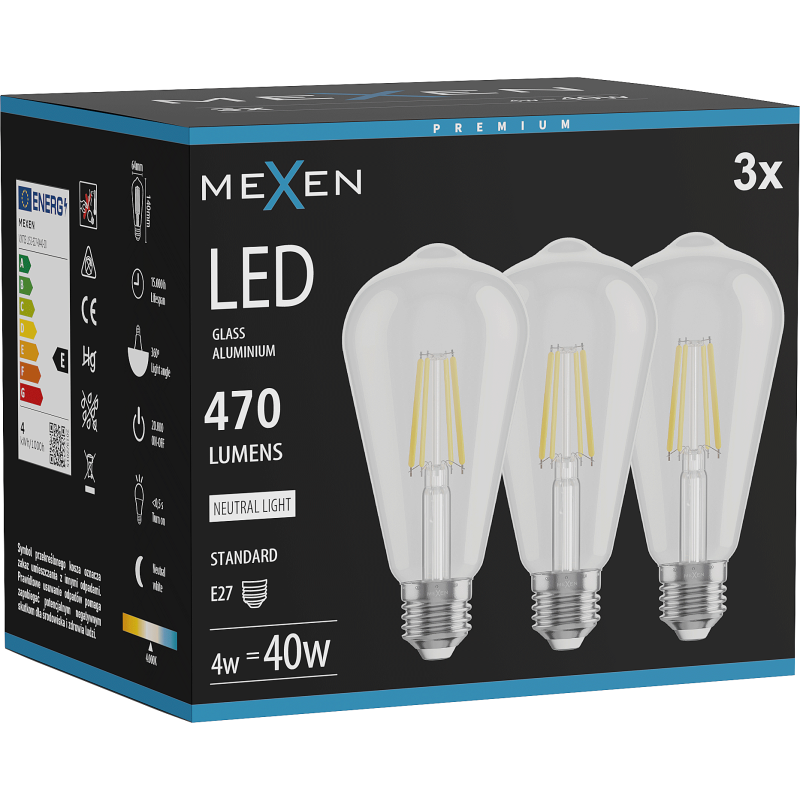 Mexen Vintis 3x LED siūlelio lemputė E27, ST64, 4W, Neutralus - 4000K, 470 lm, skaidrus - L152-E27-0440-00x03