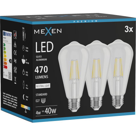 Mexen Vintis 3x LED siūlelio lemputė E27, ST64, 4W, Neutralus - 4000K, 470 lm, skaidrus - L152-E27-0440-00x03