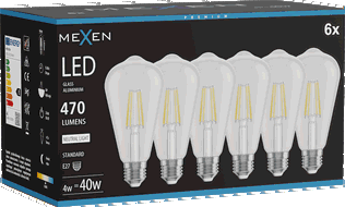 Mexen Vintis 6x LED gijų lemputė E27, ST64, 4W, Neutralus - 4000K, 470 lm, skaidri - L152-E27-0440-00x06