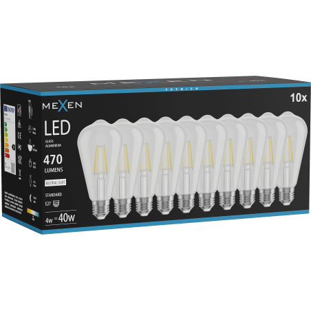 Mexen Vintis 10x LED filamento lemputė E27, ST64, 4W, neutrali - 4000K, 470 lm, skaidri - L152-E27-0440-00x10