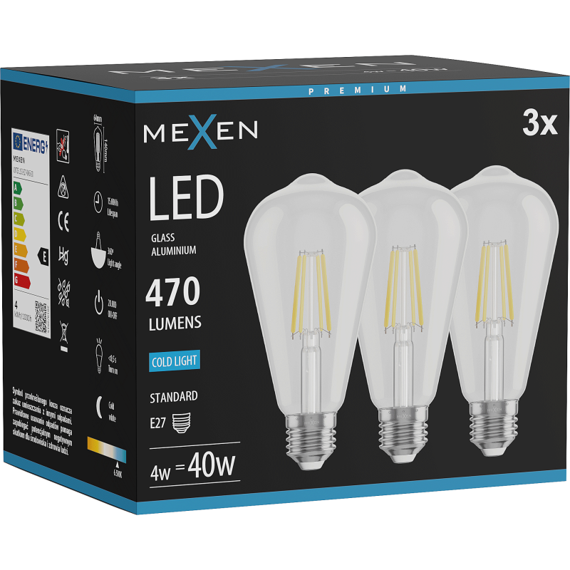 Mexen Vintis 3x LED siūlo lemputė E27, ST64, 4W, Šalta - 6500K, 470 lm, skaidri - L152-E27-0465-00x03