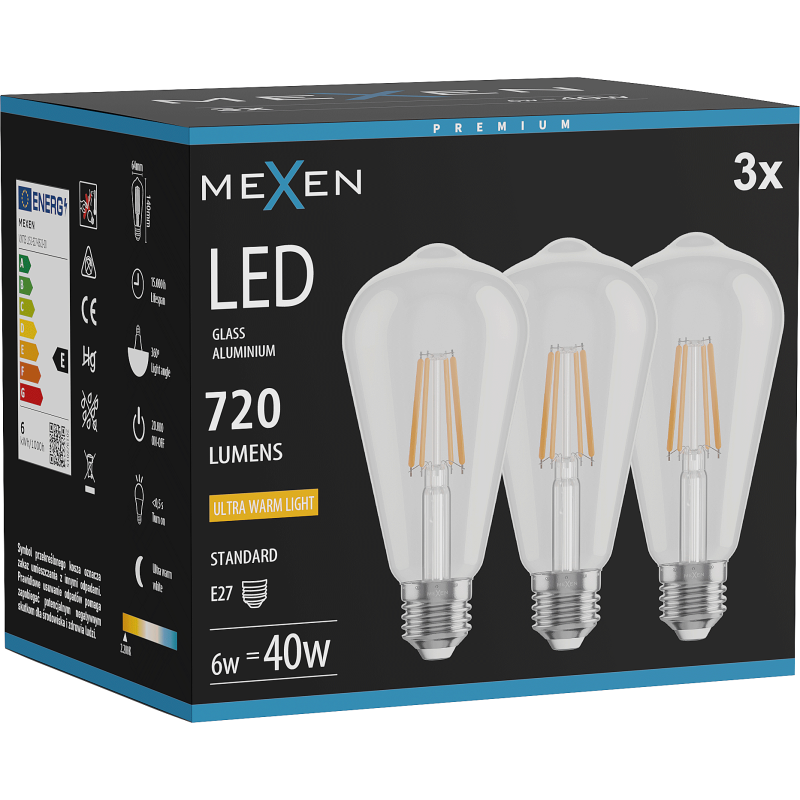 Mexen Vintis 3x LED gijų lemputė E27, ST64, 6W, Šilta - 2200K, 720 lm, skaidri - L152-E27-0622-00x03