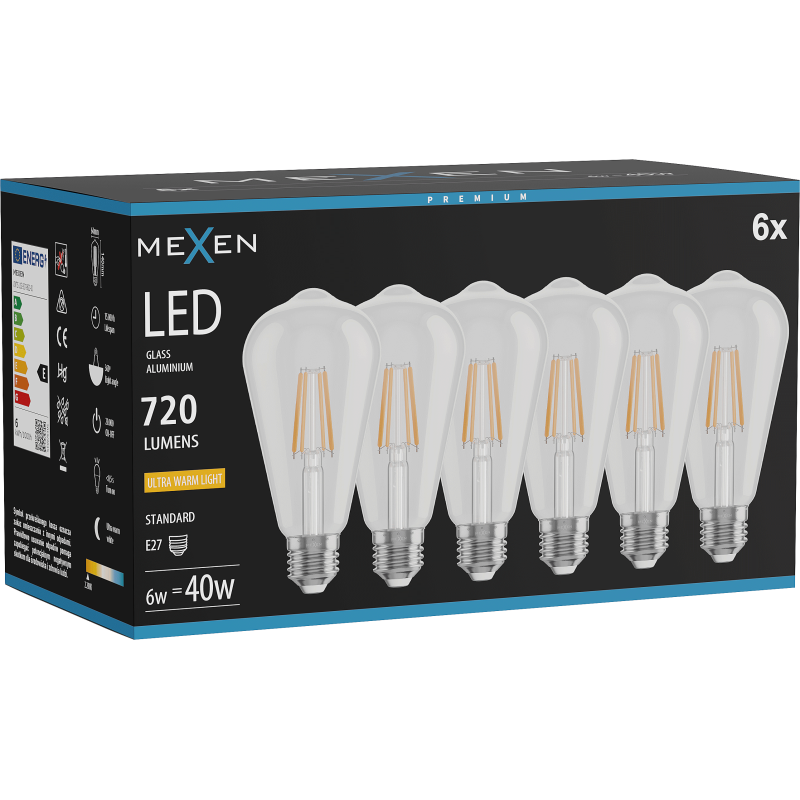 Mexen Vintis 6x LED filamentinė lemputė E27, ST64, 6W, Šilta - 2200K, 720 lm, skaidri - L152-E27-0622-00x06