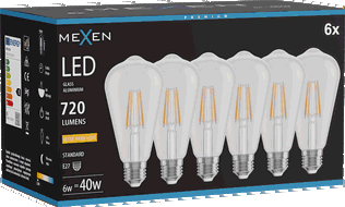 Mexen Vintis 6x LED filamentinė lemputė E27, ST64, 6W, Šilta - 2200K, 720 lm, skaidri - L152-E27-0622-00x06