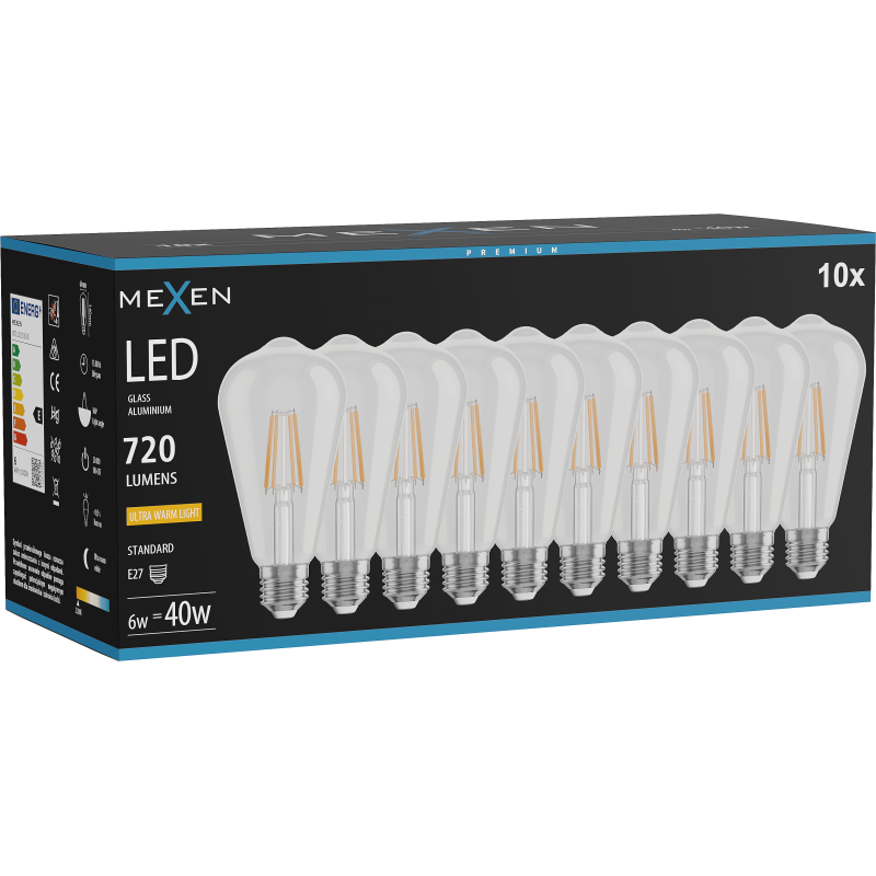 Mexen Vintis 10x LED gijų lemputė E27, ST64, 6W, Šilta - 2200K, 720 lm, skaidri - L152-E27-0622-00x10