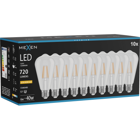 Mexen Vintis 10x LED gijų lemputė E27, ST64, 6W, Šilta - 2200K, 720 lm, skaidri - L152-E27-0622-00x10