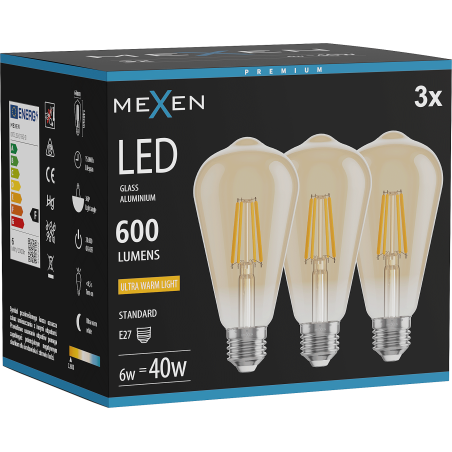 Mexen Vintis 3x LED gijų lemputė E27, ST64, 6W, Šilta - 2200K, 600 lm, gintarinė - L152-E27-0622-50x03