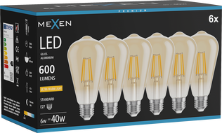 Mexen Vintis 6x LED gijų lemputė E27, ST64, 6W, Šilta - 2200K, 600 lm, gintaro - L152-E27-0622-50x06