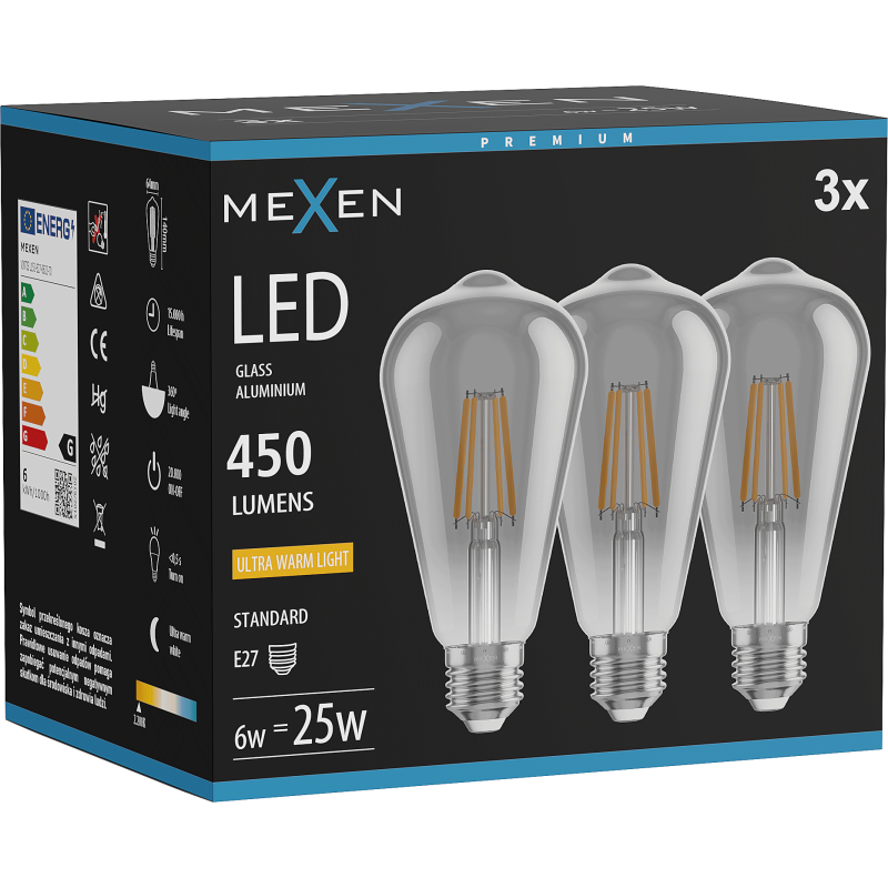 Mexen Vintis 3x LED filamento lemputė E27, ST64, 6W, Šilta - 2200K, 450 lm, dūmų spalva - L152-E27-0622-70x03
