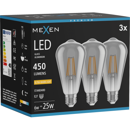 Mexen Vintis 3x LED filamento lemputė E27, ST64, 6W, Šilta - 2200K, 450 lm, dūmų spalva - L152-E27-0622-70x03