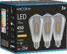 Mexen Vintis 3x LED filamento lemputė E27, ST64, 6W, Šilta - 2200K, 450 lm, dūmų spalva - L152-E27-0622-70x03