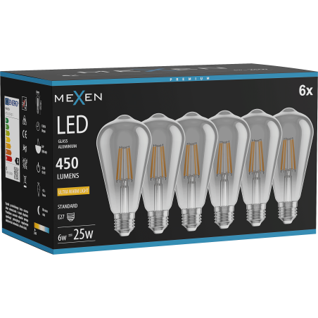 Mexen Vintis 6x LED filamentinė lemputė E27, ST64, 6W, Šilta - 2200K, 450 lm, dūminė - L152-E27-0622-70x06