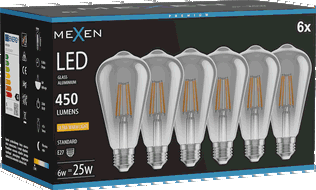 Mexen Vintis 6x LED filamentinė lemputė E27, ST64, 6W, Šilta - 2200K, 450 lm, dūminė - L152-E27-0622-70x06