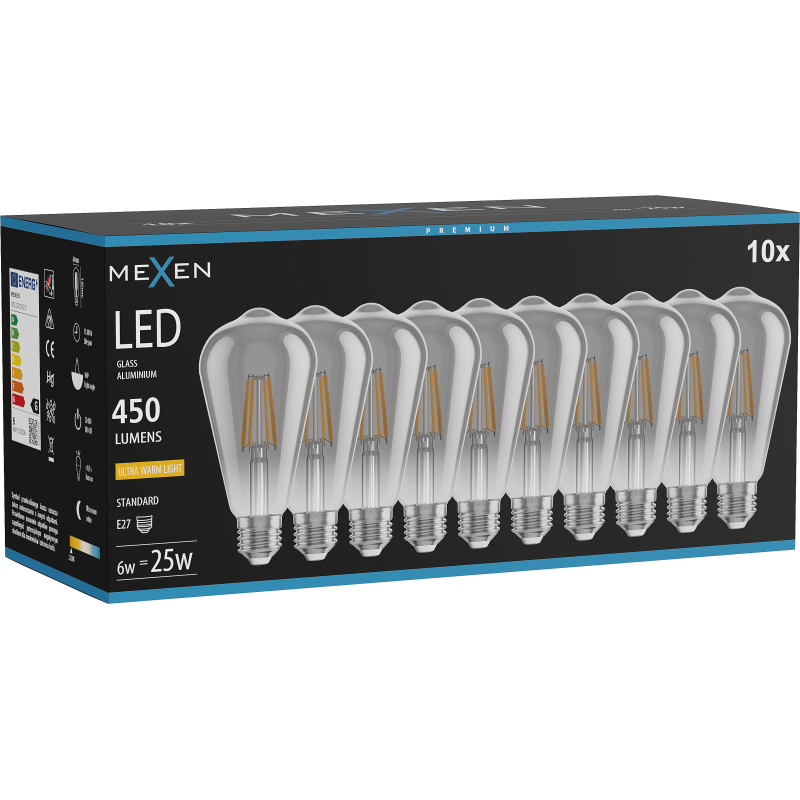 Mexen Vintis 10x LED gijų lemputė E27, ST64, 6W, Šilta - 2200K, 450 lm, dūminė - L152-E27-0622-70x10