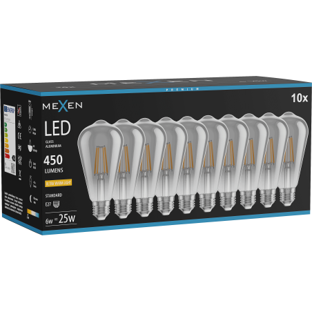Mexen Vintis 10x LED gijų lemputė E27, ST64, 6W, Šilta - 2200K, 450 lm, dūminė - L152-E27-0622-70x10