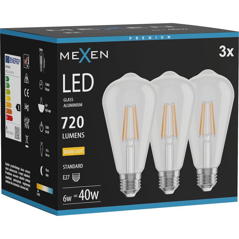 Mexen Vintis 3x LED E27 lemputė, ST64, 6W, Šilta - 2700K, 720 lm, skaidri - L152-E27-0627-00x03
