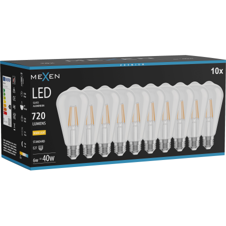 Mexen Vintis 10x LED gijų lemputė E27, ST64, 6W, šilta - 2700K, 720 lm, skaidrus - L152-E27-0627-00x10