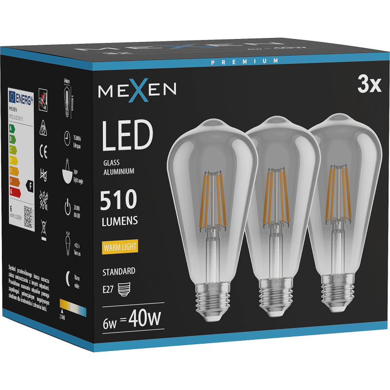 Mexen Vintis 3x LED siūlo lemputė E27, ST64, 6W, Šilta - 2700K, 510 lm, dūminė - L152-E27-0627-70x03