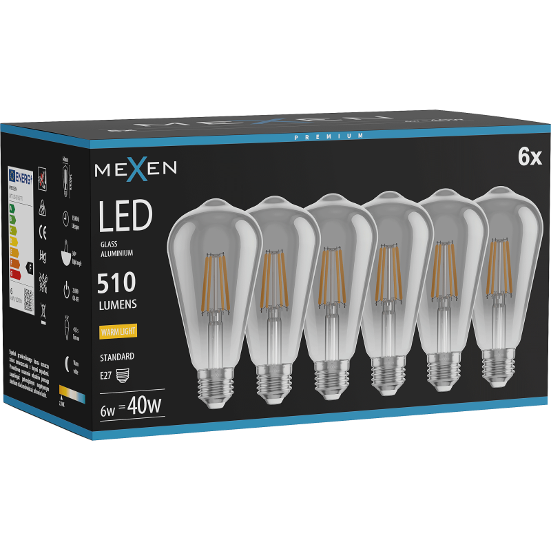 Mexen Vintis 6x LED filamentinė lemputė E27, ST64, 6W, Šilta - 2700K, 510 lm, dūminė - L152-E27-0627-70x06
