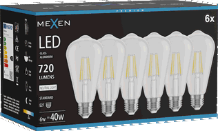 Mexen Vintis 6x LED siūlinė lemputė E27, ST64, 6W, Neutrali - 4000K, 720 lm, skaidri - L152-E27-0640-00x06