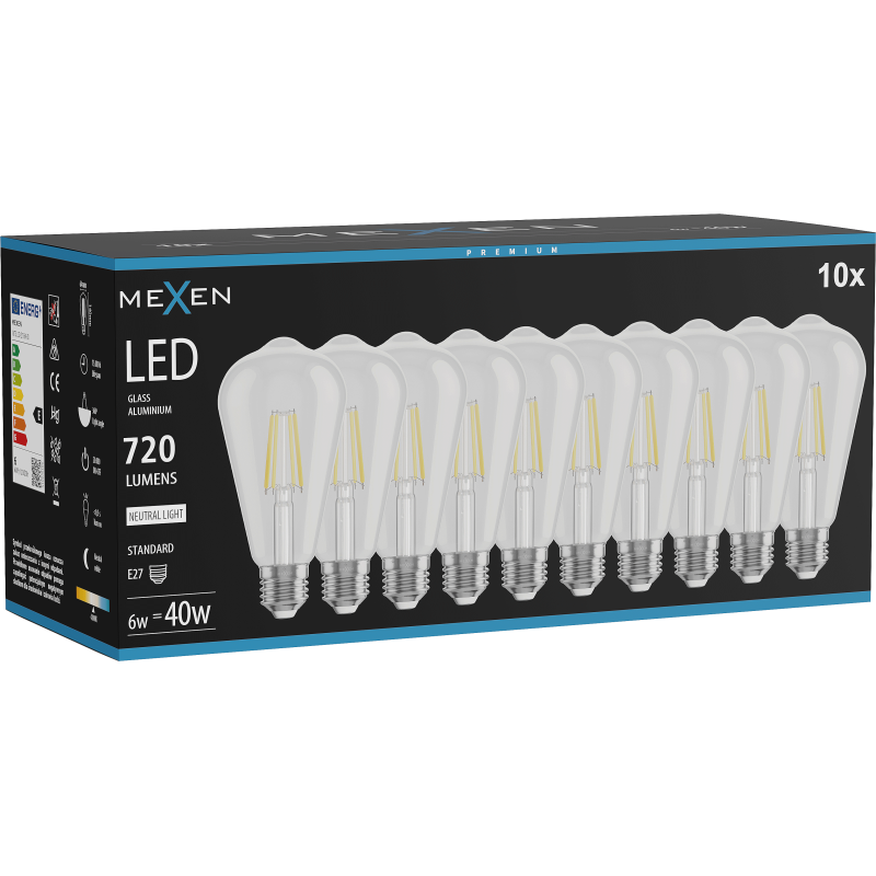 Mexen Vintis 10x LED siūlelio lemputė E27, ST64, 6W, Neutrali - 4000K, 720 lm, skaidri - L152-E27-0640-00x10
