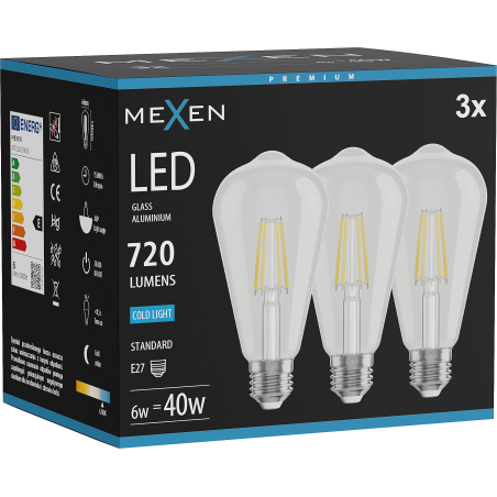 Mexen Vintis 3x LED siūlelio lemputė E27, ST64, 6W, šalta - 6500K, 720 lm, skaidri - L152-E27-0665-00x03