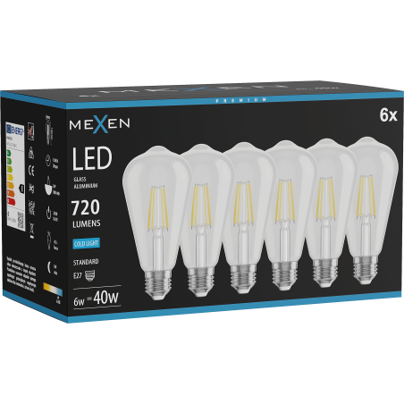 Mexen Vintis 6x LED gijų lemputė E27, ST64, 6W, Šalta - 6500K, 720 lm, skaidri - L152-E27-0665-00x06
