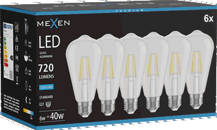 Mexen Vintis 6x LED gijų lemputė E27, ST64, 6W, Šalta - 6500K, 720 lm, skaidri - L152-E27-0665-00x06