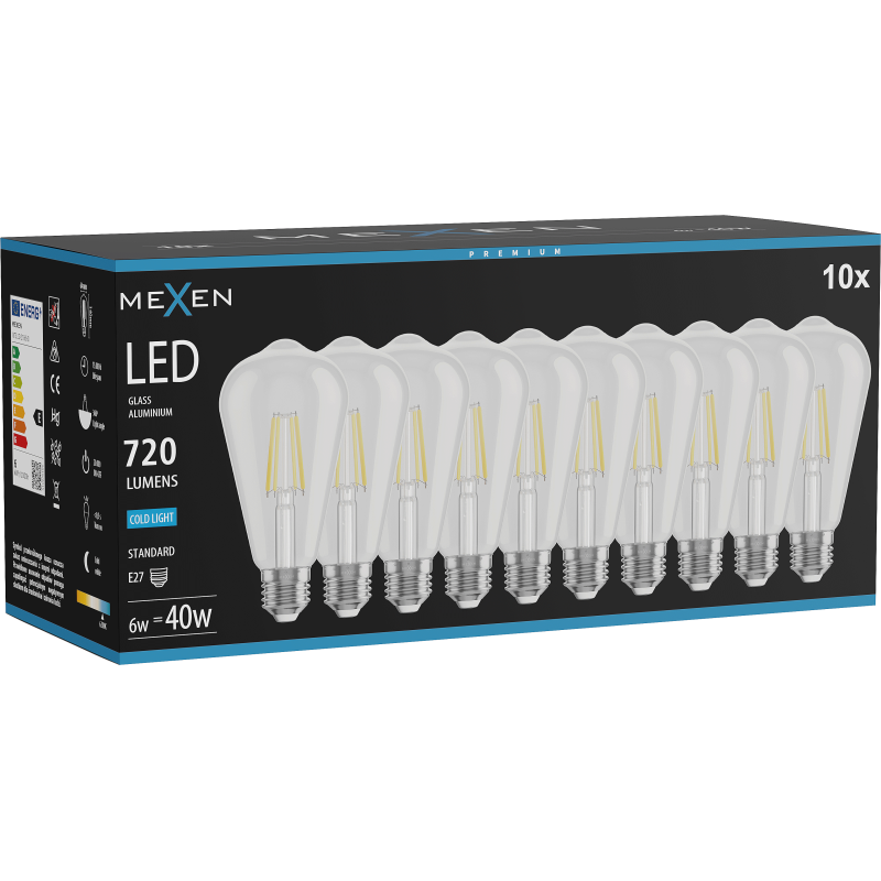 Mexen Vintis 10x LED kaitinamoji lemputė E27, ST64, 6W, Šalta - 6500K, 720 lm, skaidri - L152-E27-0665-00x10