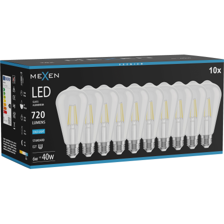 Mexen Vintis 10x LED kaitinamoji lemputė E27, ST64, 6W, Šalta - 6500K, 720 lm, skaidri - L152-E27-0665-00x10