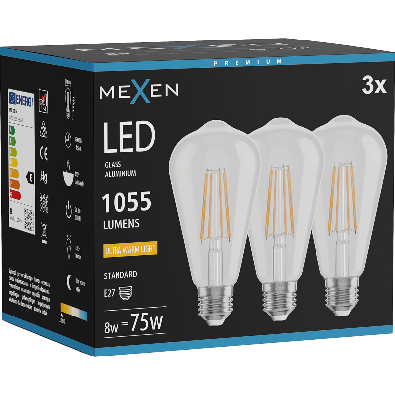 Mexen Vintis 3x LED siūlo lemputė E27, ST64, 8W, Šilta - 2200K, 1055 lm, permatoma - L152-E27-0822-00x03