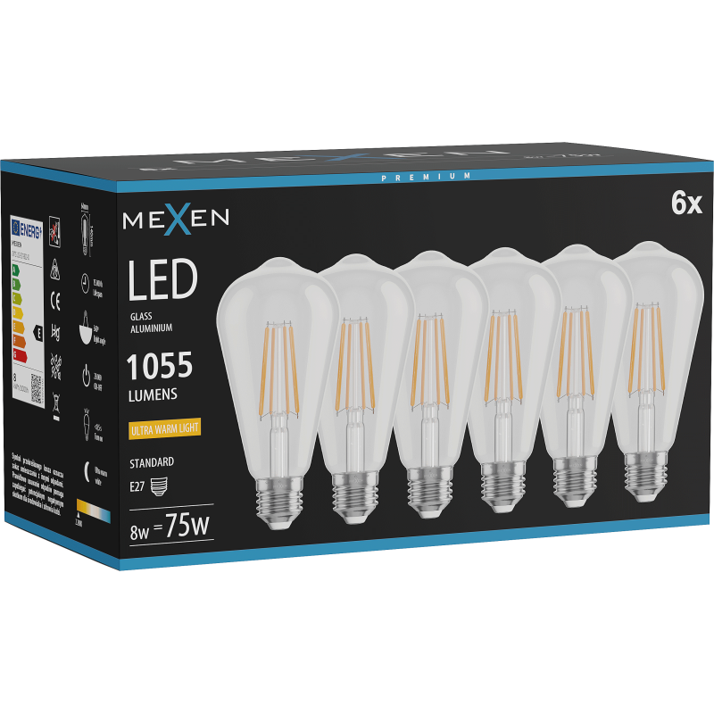 Mexen Vintis 6x LED siūlelis E27, ST64, 8W, Šilta - 2200K, 1055 lm, skaidri - L152-E27-0822-00x06