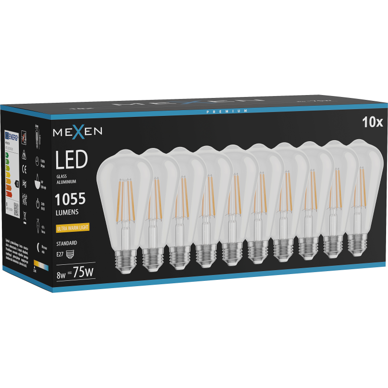 Mexen Vintis 10x LED siūlės lemputė E27, ST64, 8W, Šilta - 2200K, 1055 lm, skaidri - L152-E27-0822-00x10