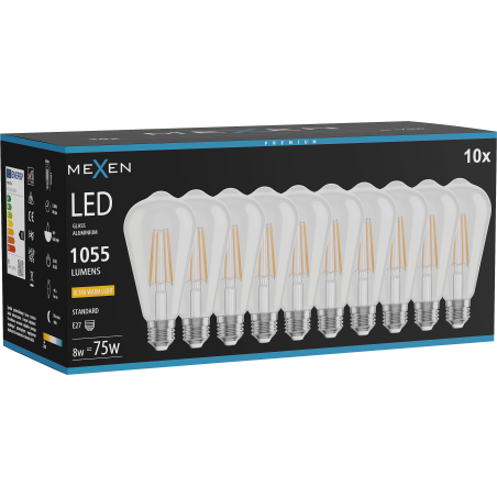 Mexen Vintis 10x LED siūlės lemputė E27, ST64, 8W, Šilta - 2200K, 1055 lm, skaidri - L152-E27-0822-00x10