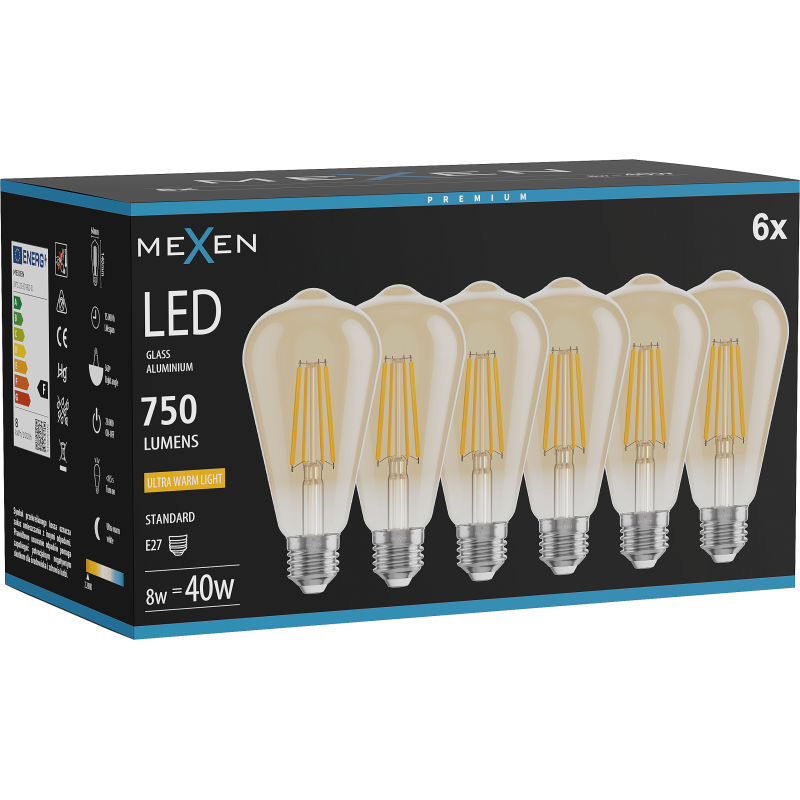 Mexen Vintis 6x kaitinamoji gija LED lemputė E27, ST64, 8W, Šilta - 2200K, 750 lm, gintarinė - L152-E27-0822-50x06