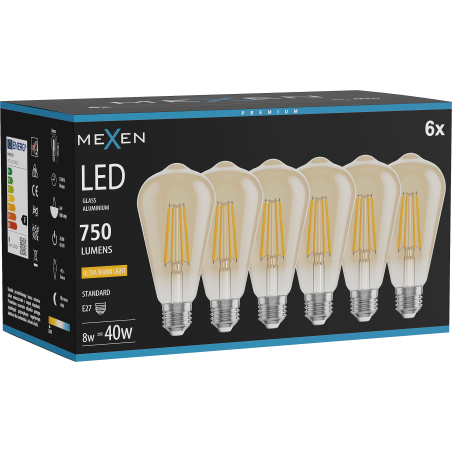 Mexen Vintis 6x kaitinamoji gija LED lemputė E27, ST64, 8W, Šilta - 2200K, 750 lm, gintarinė - L152-E27-0822-50x06