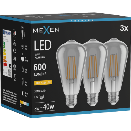 Mexen Vintis 3x LED siūlinė lemputė E27, ST64, 8W, Šilta - 2200K, 600 lm, dūminė - L152-E27-0822-70x03