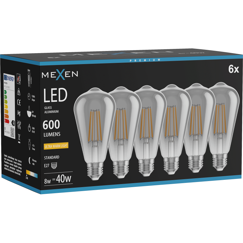 Mexen Vintis 6x LED siūlo lemputė E27, ST64, 8W, Šilta - 2200K, 600 lm, dūminė - L152-E27-0822-70x06