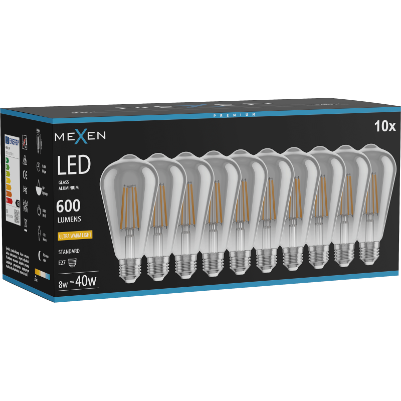 Mexen Vintis 10x LED gijinio lemputė E27, ST64, 8W, Šilta - 2200K, 600 lm, dūminė - L152-E27-0822-70x10