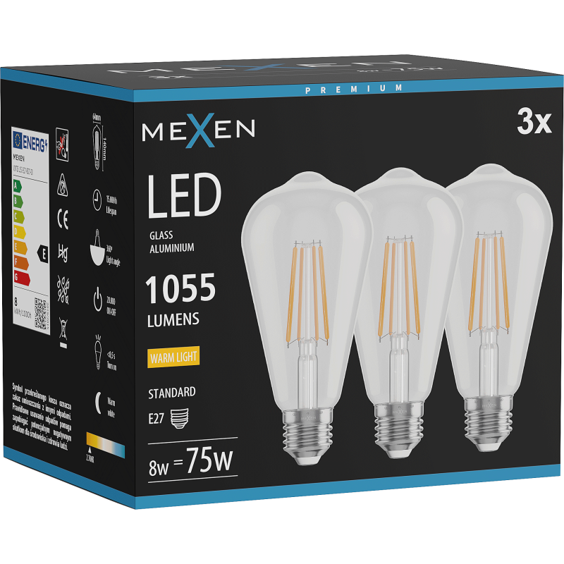 Mexen Vintis 3x LED siūlelinė lemputė E27, ST64, 8W, Šilta - 2700K, 1055 lm, skaidri - L152-E27-0827-00x03