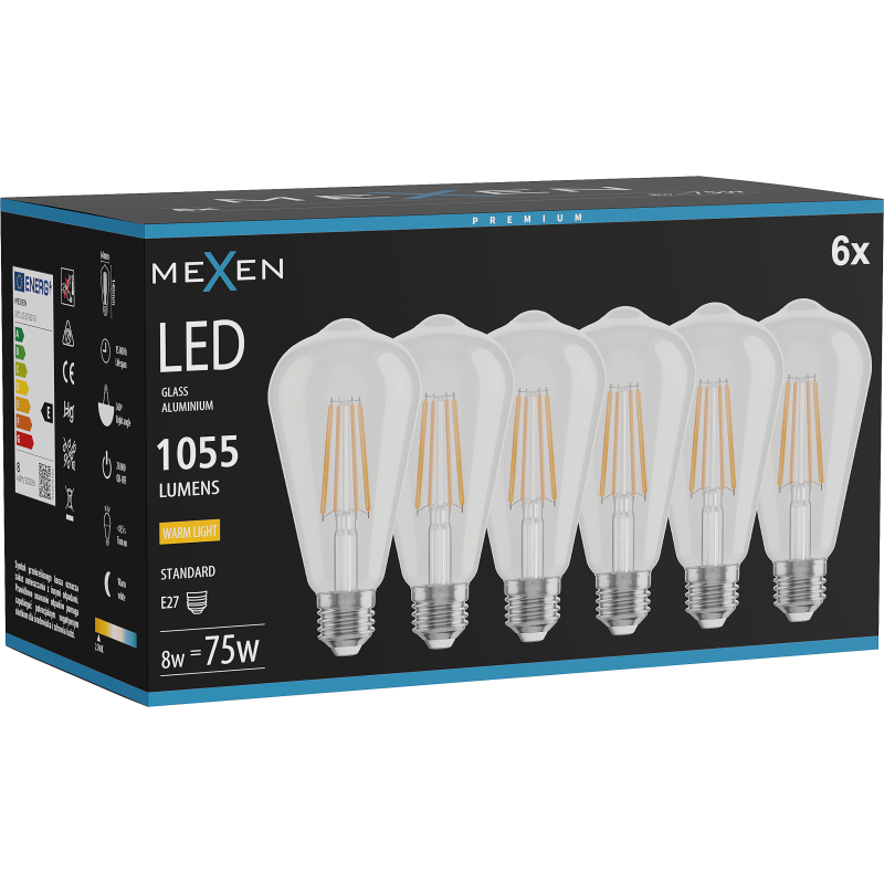 Mexen Vintis 6x LED filamentinė lemputė E27, ST64, 8W, Šilta - 2700K, 1055 lm, skaidri - L152-E27-0827-00x06