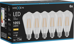 Mexen Vintis 6x LED filamentinė lemputė E27, ST64, 8W, Šilta - 2700K, 1055 lm, skaidri - L152-E27-0827-00x06